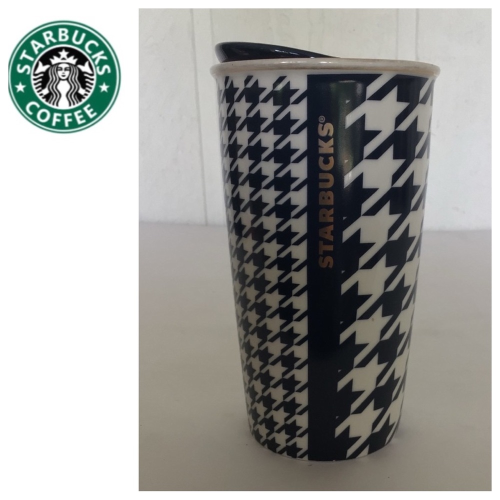 STARBUCKS 2015 HOUNDSTOOTH TUMBLER NAVY AND GOLD CERAMIC COFFEE 12 FL OZ TUMBLER